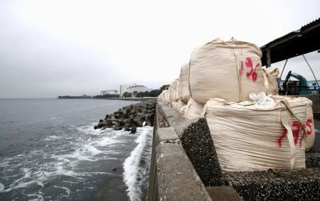 Sandbags are piled on seawall in preparation for Typhoon Hagibis in Yokohama