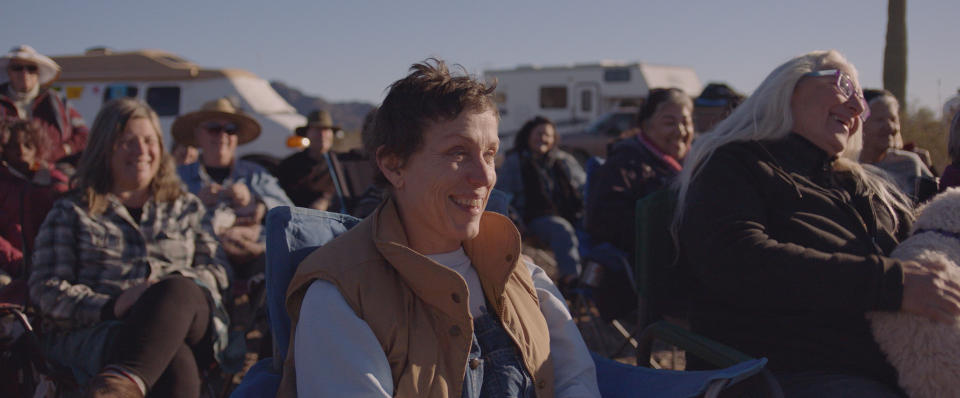 Frances McDormand at the Rubber Tramp Rendezvous in "Nomadland." (Photo: Searchlight Pictures)