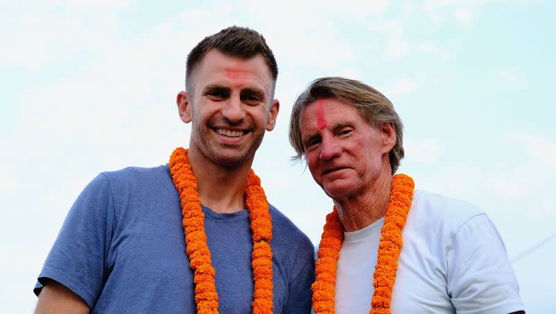 Preston and Doug Robinson in Nepal in summer 2022. Preston Robinson suggested the trip to his father as therapy after their beloved mother and wife died of cancer. As one of their religious rites, the people place a red bindi mark on the forehead of their visitors.