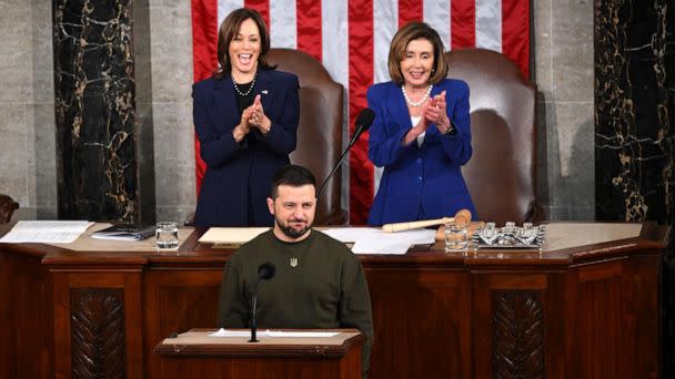 PHOTO: Vice President Kamala Harris and US House Speaker Nancy Pelosi applaud as Ukraine's President Volodymyr Zelensky addresses the US Congress at the US Capitol in Washington, Dec. 21, 2022. (Mandel Ngan/AFP via Getty Images)