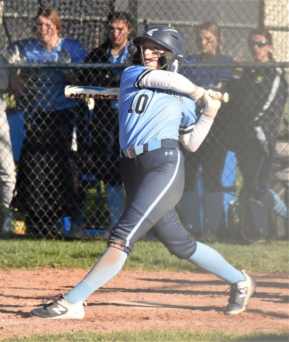 Bella Kleban completes her swing during the bottom of the seventh inning of the Central Valley Academy Thunder's 9-8 come-from-behind victory over Whitesboro Monday at Lower Tolpa in Mohawk.