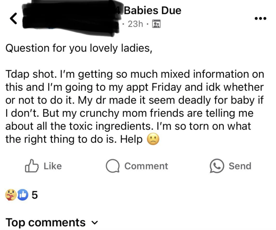 A person in an online group for expecting parents expresses concern about getting a Tdap shot due to mixed information and seeks advice, particularly about toxic ingredients