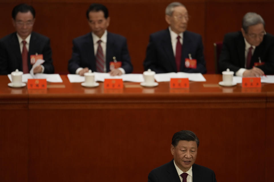 Chinese President Xi Jinping delivers a speech at the opening ceremony of the 20th National Congress of China's ruling Communist Party held at the Great Hall of the People in Beijing, Sunday, Oct. 16, 2022. China on Sunday opens a twice-a-decade party conference at which leader Xi Jinping is expected to receive a third five-year term that breaks with recent precedent and establishes himself as arguably the most powerful Chinese politician since Mao Zedong. (AP Photo/Mark Schiefelbein)