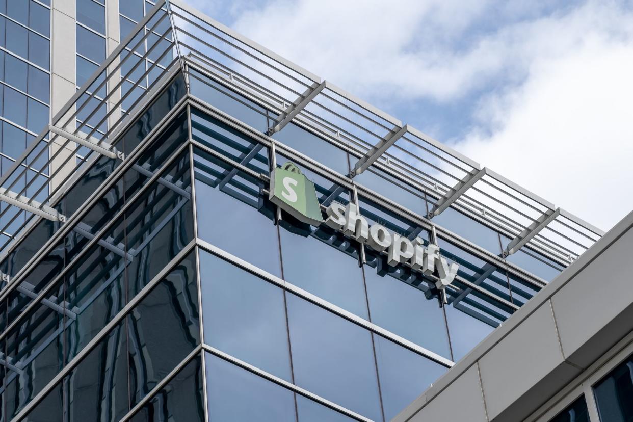 Ottawa, Ontario, Canada - August 9, 2020: Shopify sign on their headquarters building in Ottawa, Ontario, Canada on August 9, 2020. Shopify Inc. is a Canadian multinational e-commerce company.