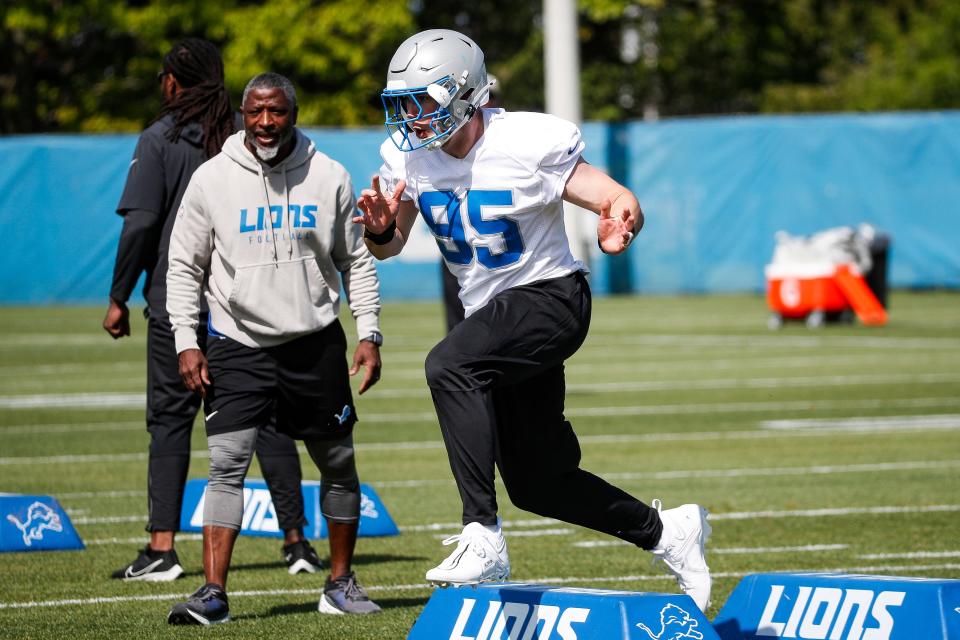 Detroit Lions defensive lineman Mathieu Betts (95) practices during rookie minicamp at Detroit Lions headquarters and practice facility in Allen Park on Friday, May 10, 2024.