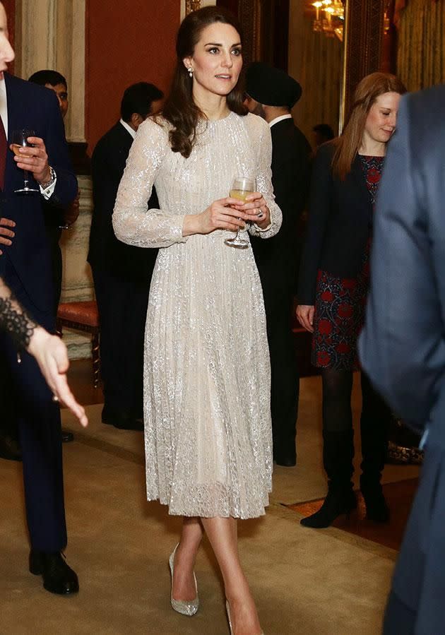 Kate once again dazzled in the brand to mark the launch of the UK-India Year of Culture 2017 at Buckingham Palace. Photo: Getty Images