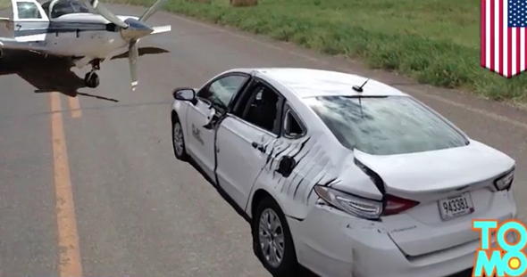 Plane hits car after emergency landing on highway (video)