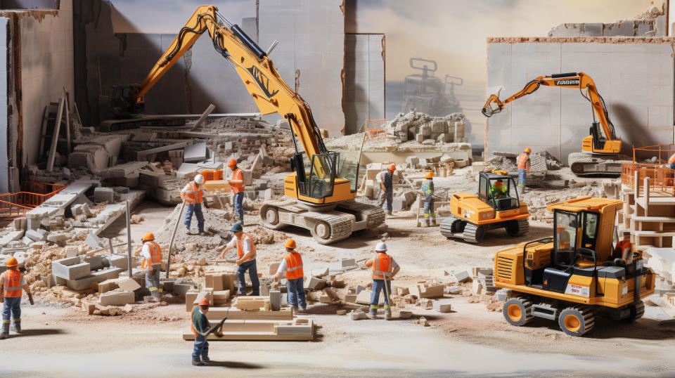 A busy construction site with workers hard at work, illustrating the industrials division.