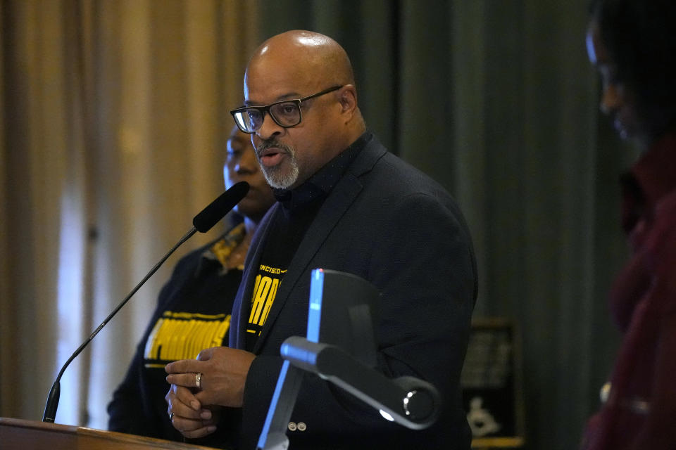 Eric McDonnell, chair of the African AmericanReparationsAdvisory Committee, speaks during a special Board of Supervisors meeting about reparations in San Francisco, Tuesday, March 14, 2023. Supervisors in San Francisco are taking up a draft reparations proposal that includes a $5 million lump-sum payment for every eligible Black person. (AP Photo/Jeff Chiu)