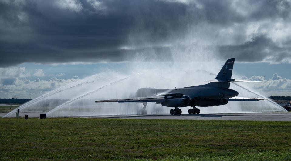U.S. Air Force B-1B Lancer from the 37th Expeditionary Bomb Squadron receives a bird bath at Andersen Air Force Base, Guam, June 3, 2024, in support of a Bomber Task Force mission.