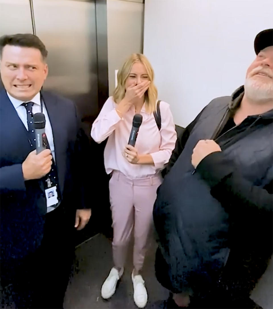 Today hosts Karl Stefanovic and Ally Langdon' in a lift with Kyle Sandilands