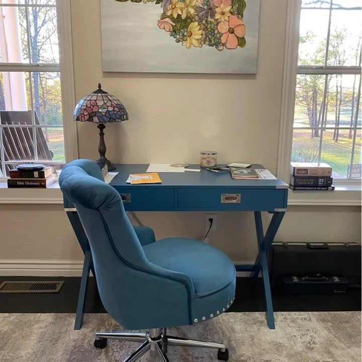 Reviewer's photo of the desk in the color Heritage Blue