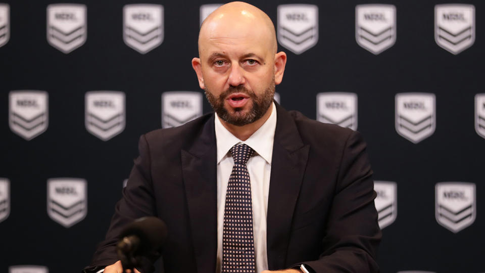 NRL CEO Todd Greenberg, pictured here speaking to the media about the coronavirus crisis.