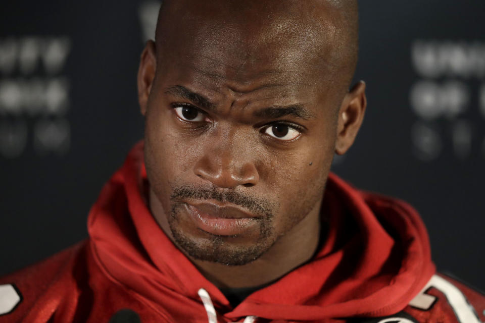 Arizona Cardinals running back Adrian Peterson has his work cut out for him against the Rams this week. (AP) 