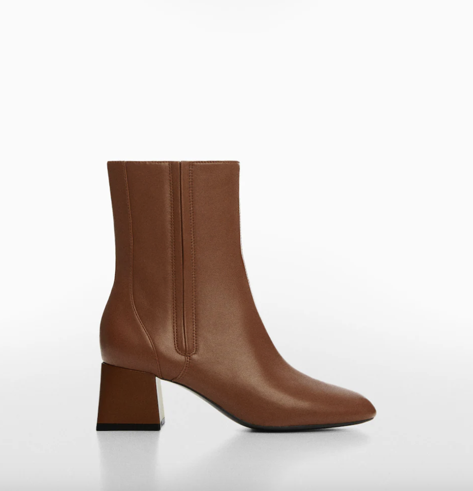 Metallic Heel Leather Ankle Boots in brown leather (Photo via Mango)