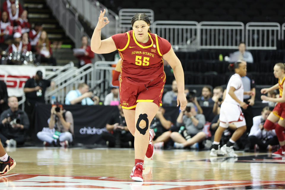 KANSAS CITY, MO - MARCH 11: Iowa State Cyclones center Audi Crooks (55) after making a three in the first quarter of a women's Big 12 tournament semifinal game between the Iowa State Cyclones and Oklahoma Sooners on Mar 11, 2024 at T-Mobile Center in Kansas City, MO. (Photo by Scott Winters/Icon Sportswire via Getty Images)