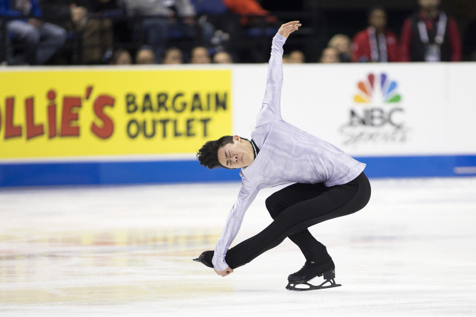 FILE - In this Jan. 25, 2020, file photo, Nathan Chen performs during the senior men's short program at the U.S. Figure Skating Championships in Greensboro, N.C. When U.S. skaters and a few foreigners training in this country kick off the season at Skate America this weekend, it could be a rare opportunity to display their wares. So they will relish the chance to get on the ice for competition, knowing that two Grand Prix series events and the Grand Prix Final have been canceled due to the coronavirus pandemic, and prospects of national and word championships being held are uncertain.(AP Photo/Lynn Hey, File)