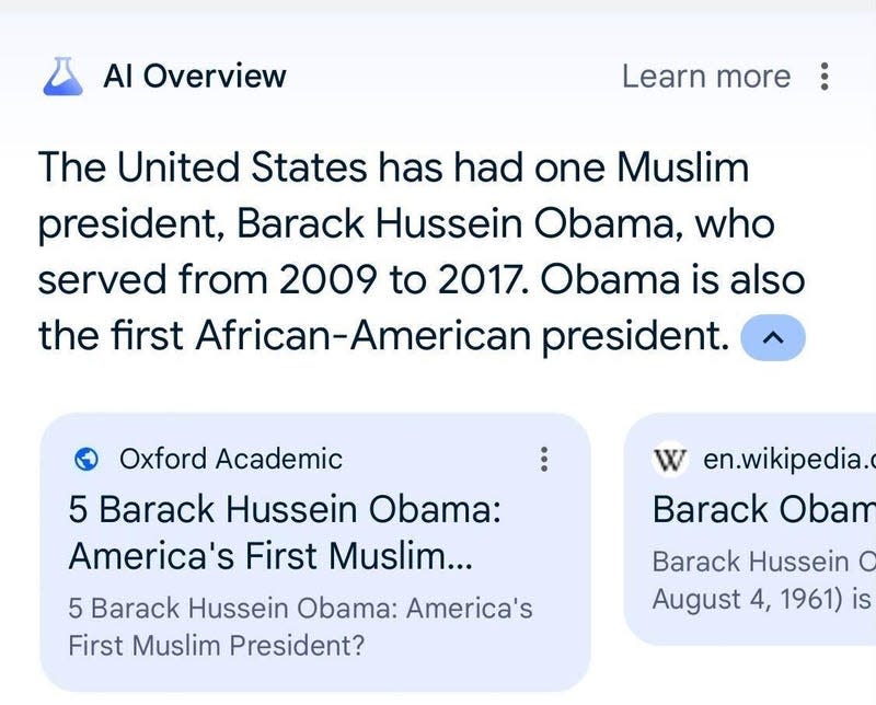 <strong>Query: How many Muslim presidents has the United States had?</strong> - Screenshot: Matt Novak/Google Search