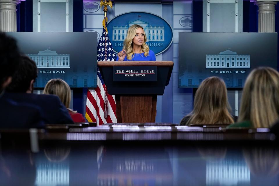 White House press secretary Kayleigh McEnany speaks during a press briefing at the White House on Thursday.