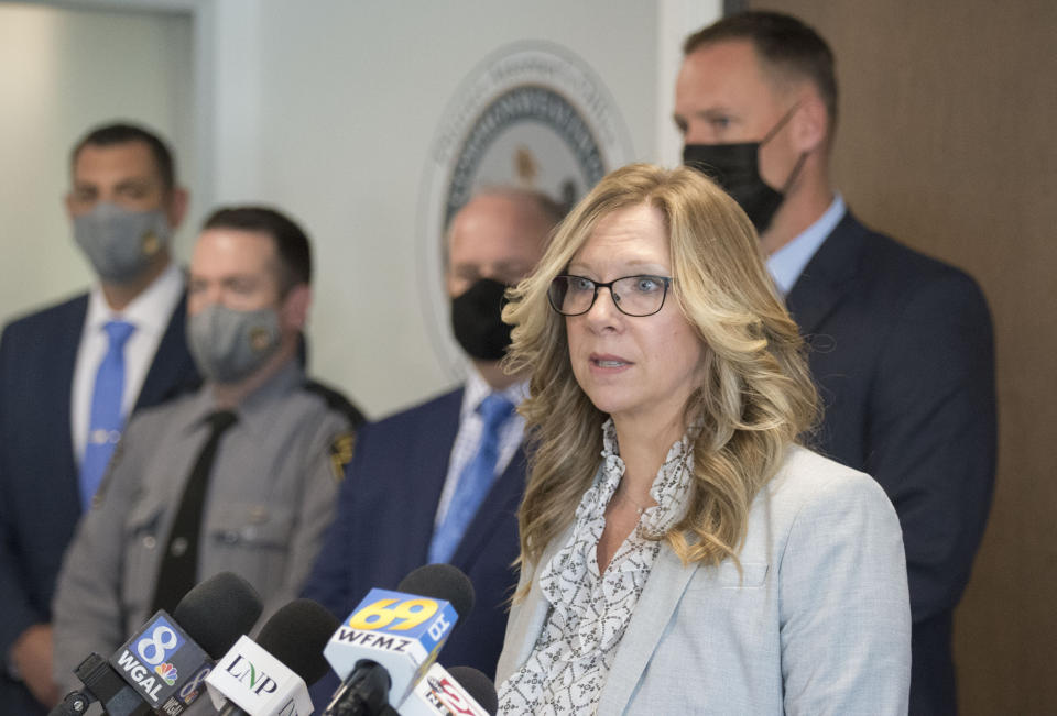 FILE—In this file photo from April 22, 2021, Lancaster County District Attorney Heather Adams talks about the recovery of human remains of Linda Stoltzfoos during a news conference in Lancaster, Pa. Justo Smoker, who led authorities to the remains of the young Amish woman, pleaded guilty on Friday, July 23. 2021, to kidnapping and killing her. (Blaine Shahan/LNP/LancasterOnline via AP, FILE)