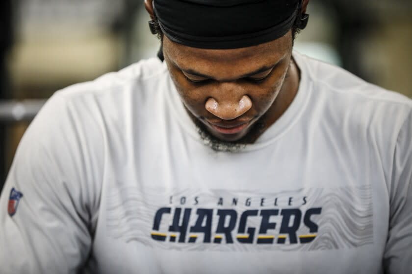 Donald Parham Jr., tight end for the Los Angeles Chargers, trains in the weight room at Stetson University on Thursday, April 7, 2022 in DeLand, Fl.. Parham played college football at Stetson. (Jacob M. Langston for the Los Angeles Times)