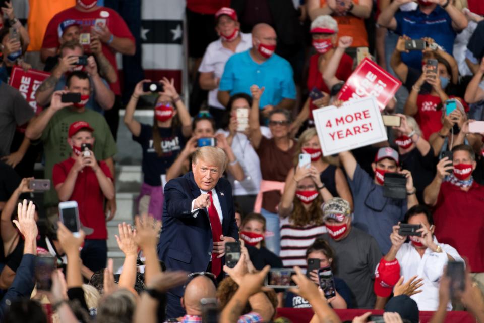 President Trump addresses the crowd at a campaign rally at Smith Reynolds Airport on Sept. 8 in Winston Salem, N.C.