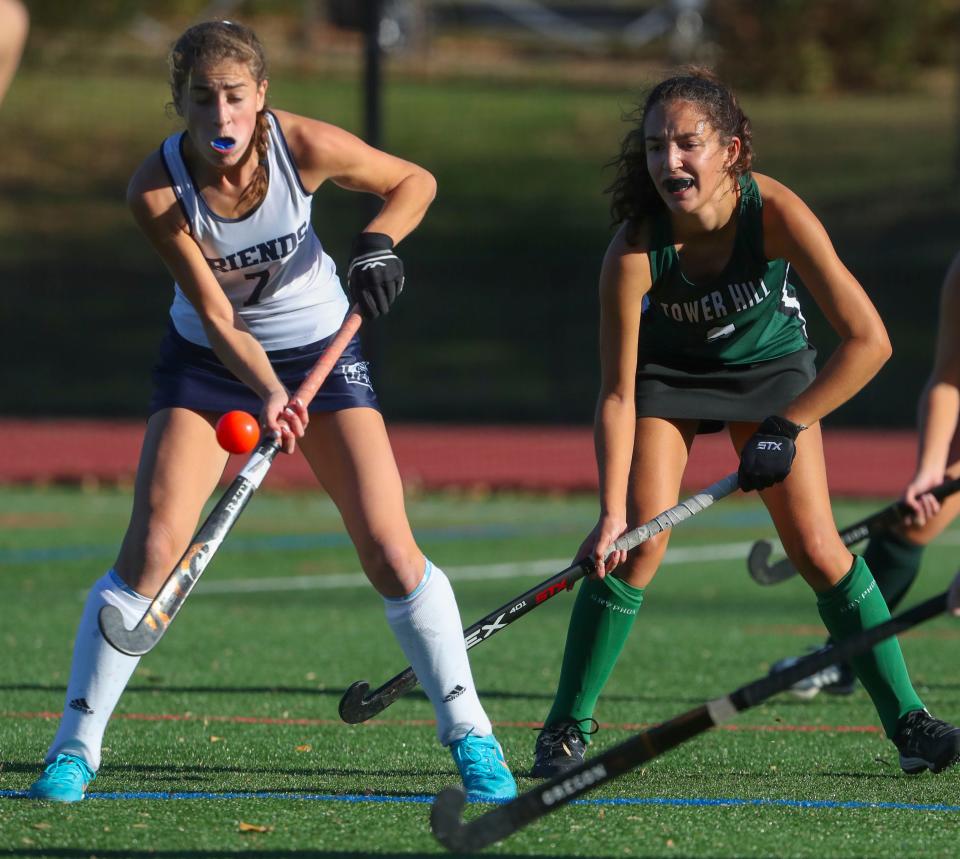 Wilmington Friends' Sawyer Rowland (left) tires to avoid the ball hit directly at her as Tower Hill's Amelia Gregory looks on during Friends' 3-2 overtime win in the first round of the DIAA Division II state tournament Wednesday, Nov. 9, 2022 at Wilmington Friends School.
