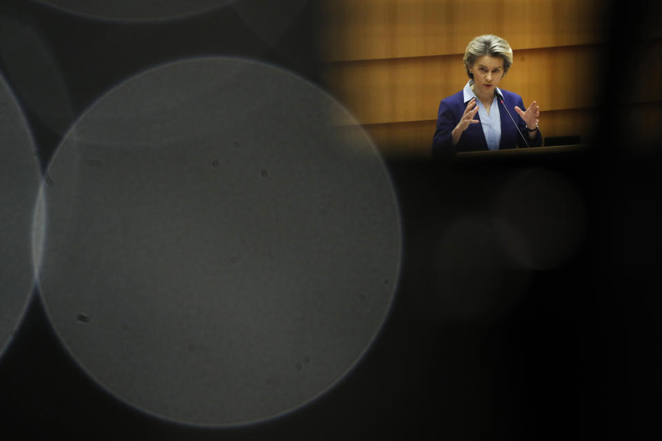 European Commission President Ursula von der Leyen speaks during a debate on the united EU approach to COVID-19 vaccinations at the European Parliament in Brussels, Wednesday, Feb. 10, 2021. (AP Photo/Francisco Seco)