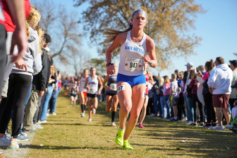 Mary Kelly of Van Meter races in the Class 2A girls State Cross Country Championship in Fort Dodge, Friday, Oct. 28, 2022.