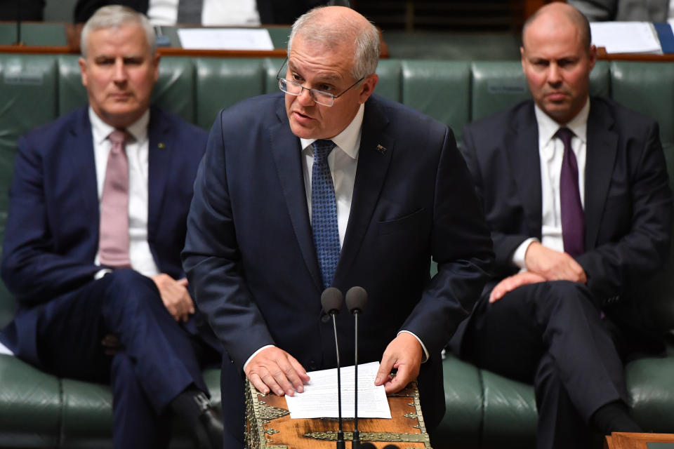 Prime Minister Scott Morrison addresses the House of Representatives during Question Time.