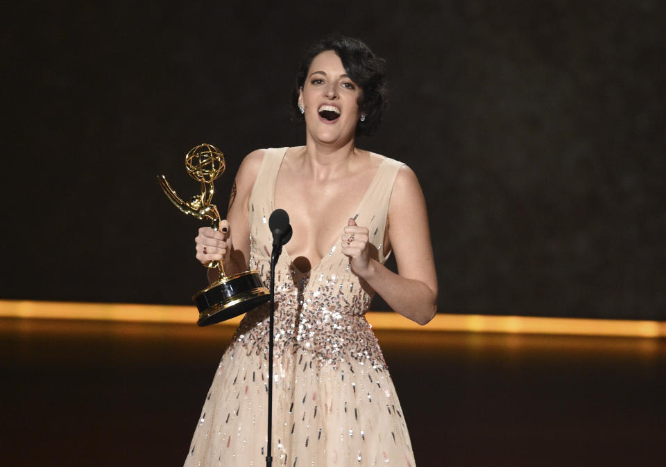 Phoebe Waller-Bridge accepts the award for outstanding writing for a comedy series for "Fleabag" at the 71st Primetime Emmy Awards on Sunday, Sept. 22, 2019, at the Microsoft Theater in Los Angeles. (Photo by Chris Pizzello/Invision/AP)