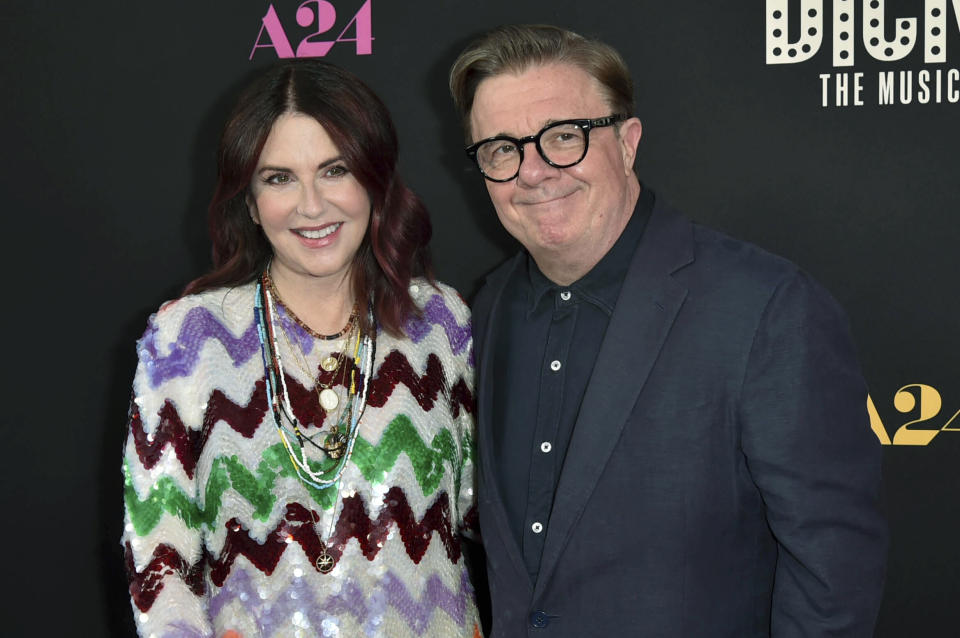 Megan Mullally, left, and Nathan Lane arrive at the premiere of "Dicks: The Musical," Monday, Sept. 18, 2023, at the Fine Arts Theater in Beverly Hills, Calif. (Photo by Richard Shotwell/Invision/AP)