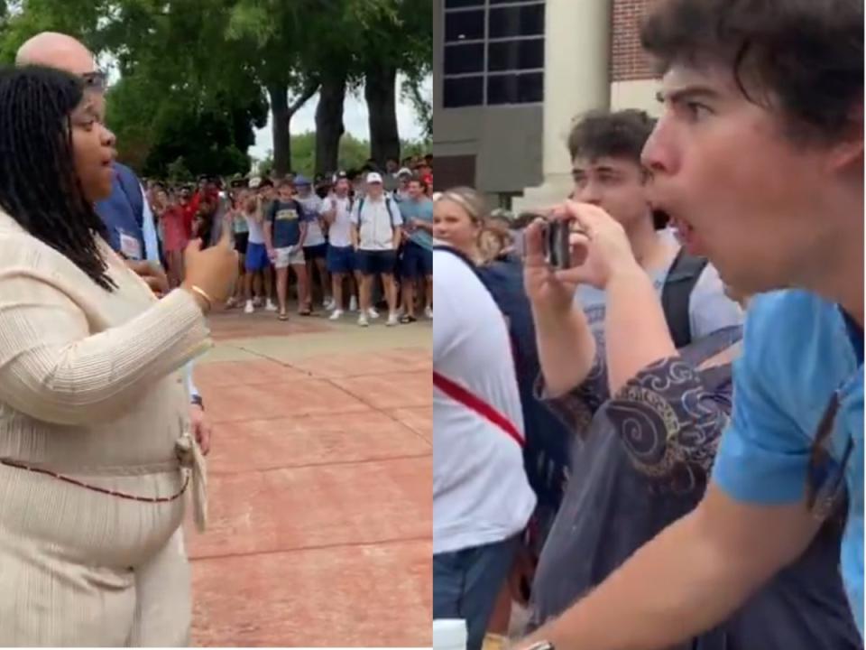 Screengrab shows Ole Miss protester (left) and the counter-protester (right) who made monkey noises at her during a Gaza solidarity protest (Stacey Spiehler via YouTube)