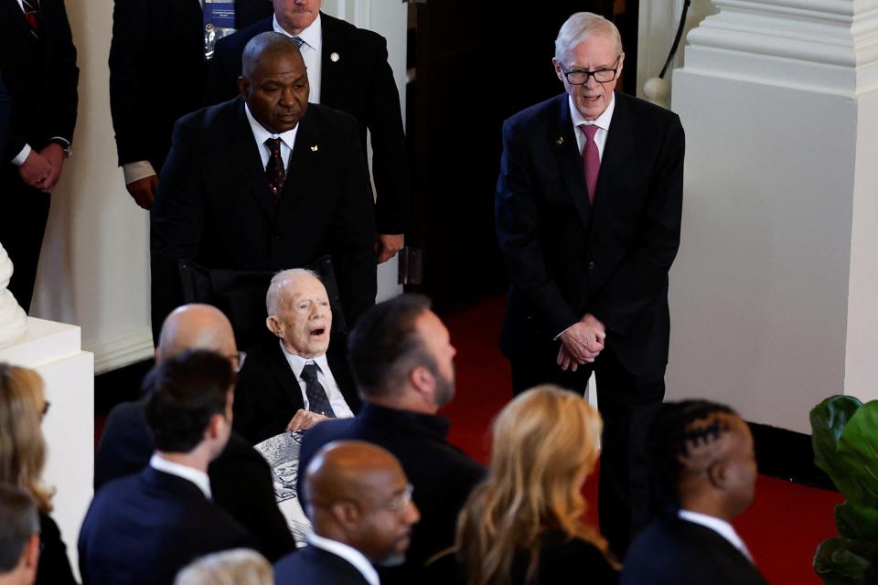 Former U.S. President Jimmy Carter attends a tribute service for his wife former first lady Rosalynn Carter, at Glenn Memorial Church in Atlanta, Georgia, U.S., November 28, 2023 (REUTERS)