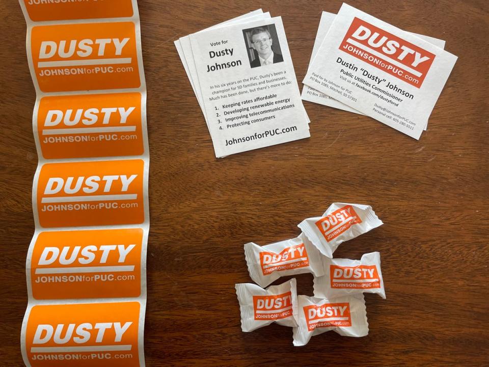 Campaign materials, including “Dusty mints,” from Johnson’s successful 2010 re-election campaign for the Public Utilities Commission. “We got the ground game going,” said one of his campaign staffers.