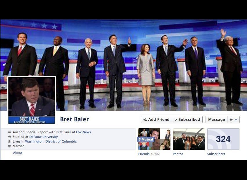 Host of Fox News' "Special Report" <a href="http://www.facebook.com/bret.baier" target="_hplink">http://www.facebook.com/bret.baier</a>