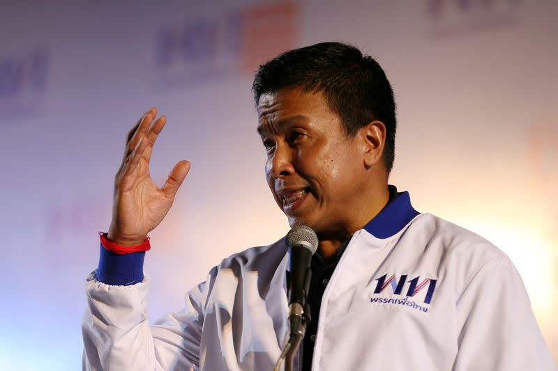 FILE PHOTO: Chadchart Sittipunt, of Pheu Thai Party, speaks during the 2019 Thailand general election campaign