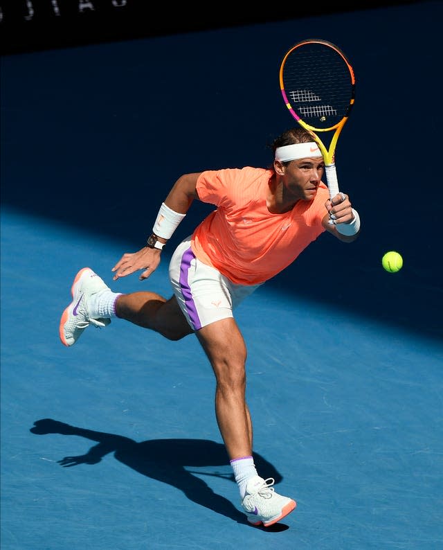 Rafael Nadal lunges for a forehand during his victory over Fabio Fognini