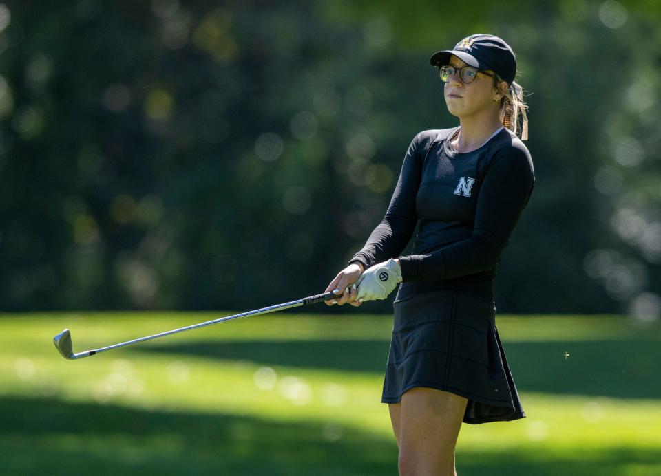 Noblesville High School senior Caroline Whallon during the first day of competition in the 50th Annual IHSAA Girls’ Golf State Championship tournament, Friday, Sept. 30, 2022, at Prairie View Golf Club in Carmel, Ind.