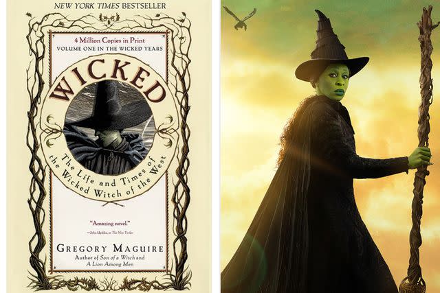 <p>HarperCollins Publishers; Universal Pictures </p> The cover of 'Wicked' and Cynthia Erivo in the film adaptation