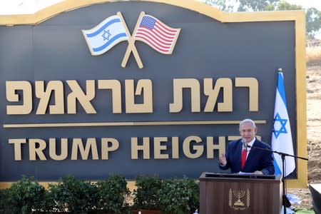 Israeli Prime Minister Benjamin Netanyahu speaks during a ceremony to unveil a sign for a new community named after U.S. President Donald Trump, in the Israeli-occupied Golan Heights