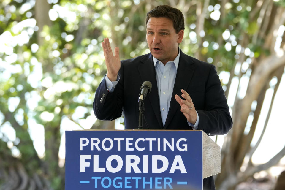 Florida Gov. Ron DeSantis speaks during a news conference at Bill Baggs Cape Florida State Park, Thursday, Dec. 1, 2022, on Key Biscayne, Fla. The Governor announced increased funding for the environmental protection of Biscayne Bay. (AP Photo/Lynne Sladky)