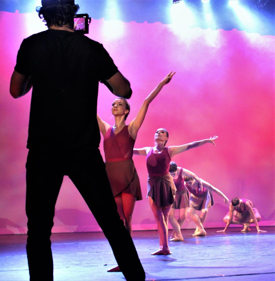 Rankin Dean, writer and director of "Dangerous Ones," films a ballet scene July 21, 2021, at the Paramount Theatre. From left are dancers, Lauren McDonald, Mariel Ardilla, Grace Ann Alston, Kendyll Jacobs and Lily Balogh, who is artist in residence at Abilene Christian University and choreographed the piece. McDonald and Ardilla are ACU graduates while Jacobs is an ACU history major and Alston is in Abilene Ballet Theatre and audits ACU classes.