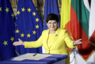 Polish Prime Minister Beata Szydto gestures after signing a declaration during an EU summit meeting at the Orazi and Curiazi Hall in the Palazzo dei Conservatori in Rome on Saturday, March 25, 2017. European Union leaders were gathering in Rome to mark the 60th anniversary of their founding treaty and chart a way ahead following the decision of Britain to leave the 28-nation bloc. (AP Photo/Alessandra Tarantino)