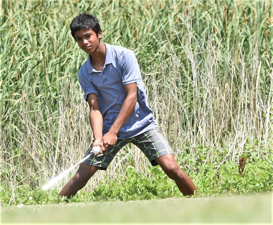 Hawley's Karl Patanpatan hits out of the rough on hole No. 8 during the West Texas Junior Champions Tour event on Thursday at Maxwell Golf Club.