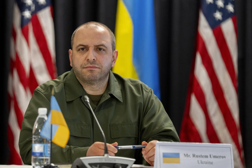 Rustem Umerov, Ukraine's Defense Minister attends the meeting of the 'Ukraine Defense Contact Group' at Ramstein Air Base in Ramstein, Germany, Tuesday, Sept. 19, 2023. (AP Photo/Michael Probst)