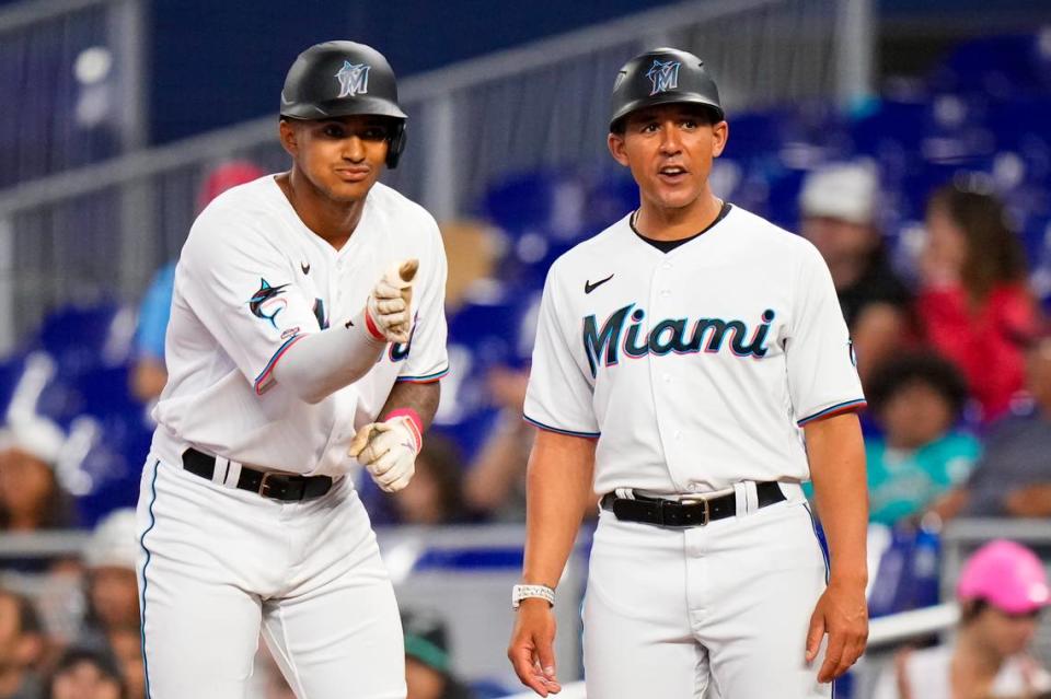 Miami Marlins outfielder Dane Myers (54) celebrates hitting a single against the St. Louis Cardinals during the eighth inning at loanDepot Park.