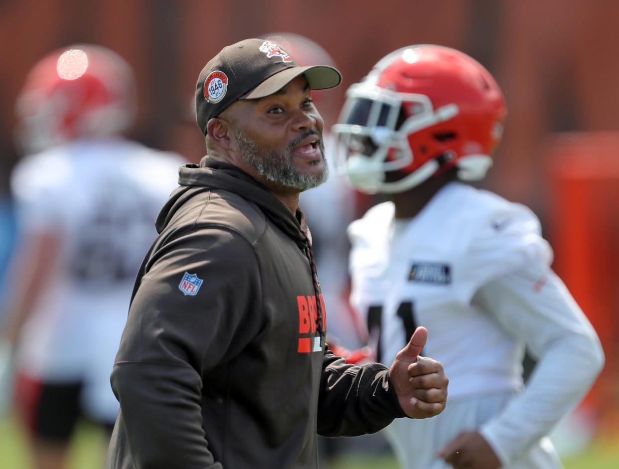 Browns running backs coach Duce Staley talks during minicamp, Thursday, June 13, 2024, in Berea.