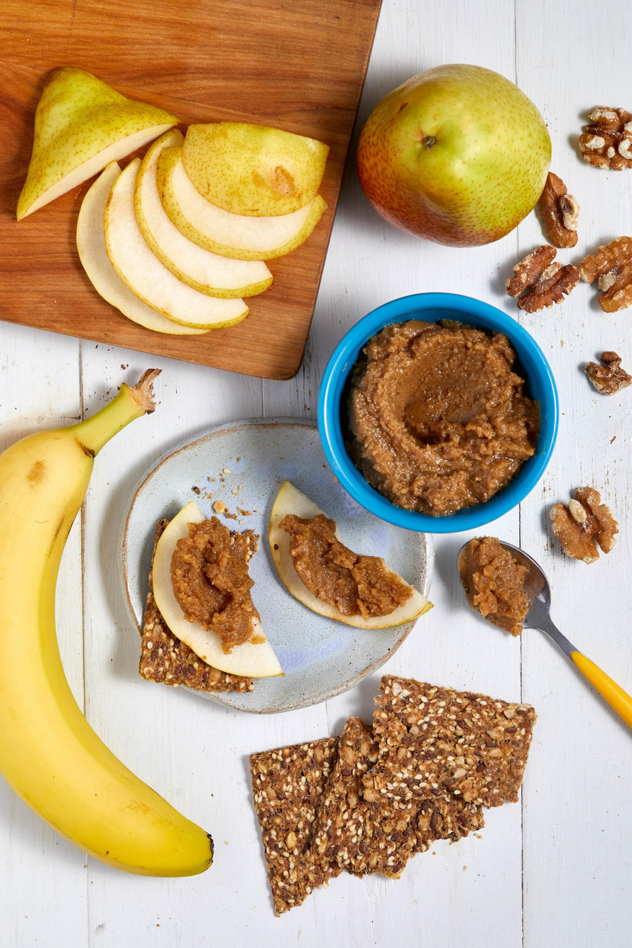 oatmeal cookie walnut butter with apples and bananas shot from above. (Lucy Schaeffer Photography / Courtesy Joy Bauer)