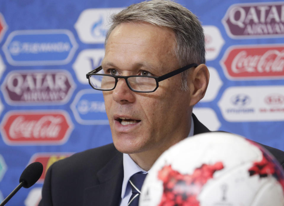 Marco van Basten will sit out the weekend for Fox Sports after using a phrase popularized by the Nazis. (AP Photo/Dmitri Lovetsky, file)